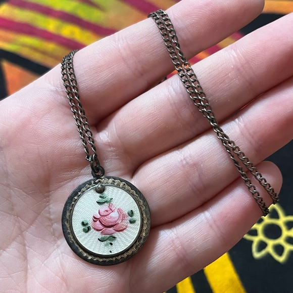 Vintage Jewelry - VTG Guilloche Enamel Rose Sterling Silver Catholic Religious Medal Necklace